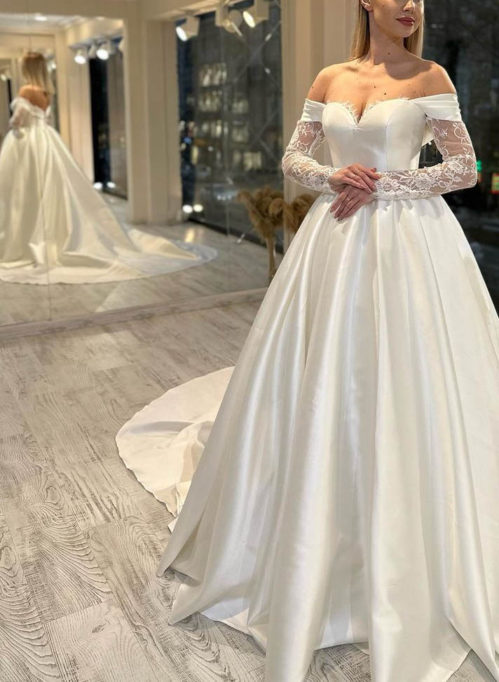 Luolandi Off-The-Shoulder Ball-Gown Satin Wedding Dresses With Long Sleeves Floor Length