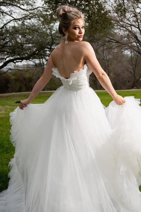 Luolandi A-Line Strapless Tulle Wedding Dress Off Shoulder Floor Length Beautiful