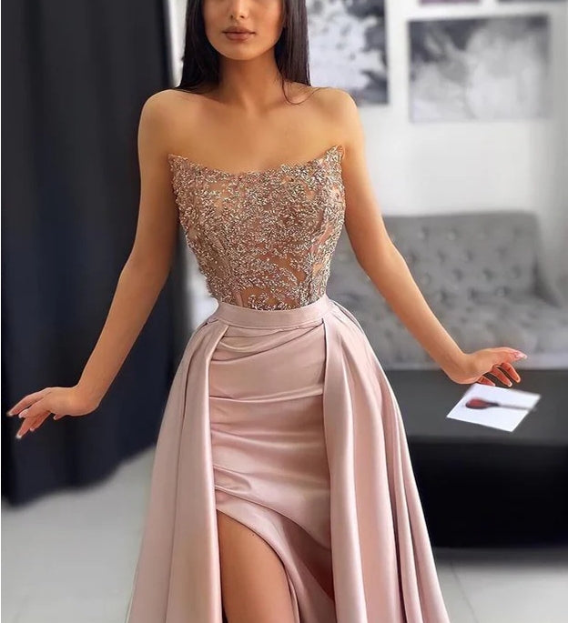 Luolandi Off The Shoulder Sleeveless Evening Dress With Applique Pleats Charming Sparkly Party Dress