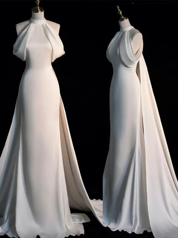 Luolandi Gorgeous Halter Mermaid Long Party Dress Light Wedding Dress with Train Elegant