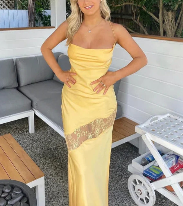 Luolandi Yellow Backless Lace Slit Party Dress Simple Wedding Guest Dress Charming