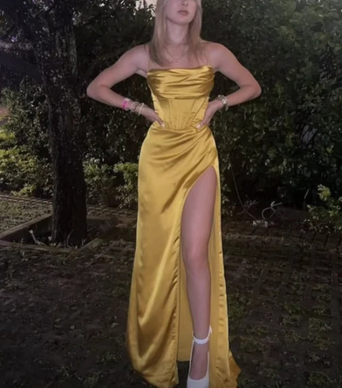 Luolandi Yellow Satin Long Prom Dress Evening Party Dress with Slit Simple wedding guest dress