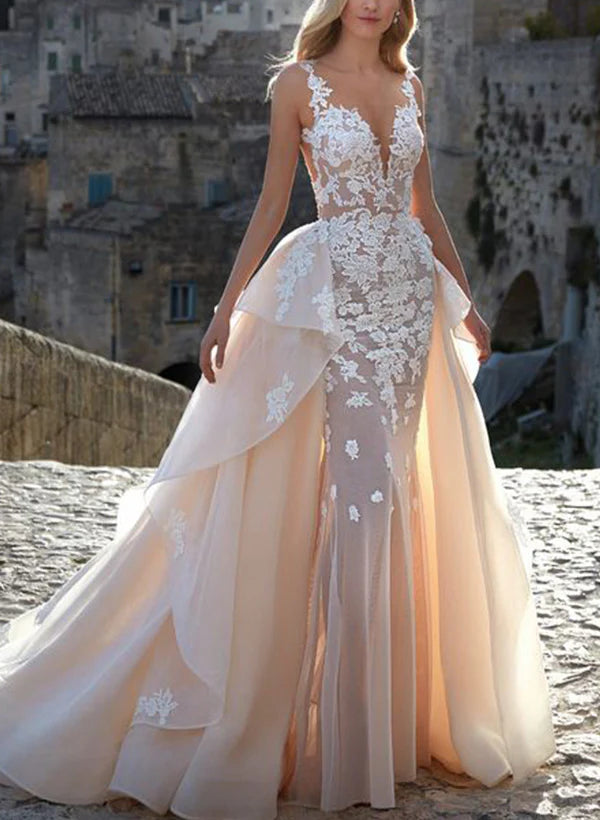 Luolandi Sweetheart Lace/Tulle Wedding Dress With Appliques Lace Sleeveless Floor Length Elegant