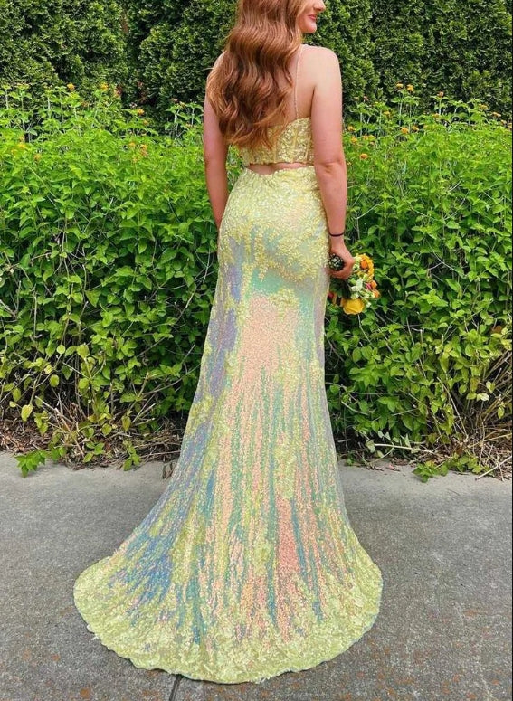 Luolandi Yellow Spaghetti Straps Sequins Appliques Long Prom Dress with Slit Charming Evening Dress