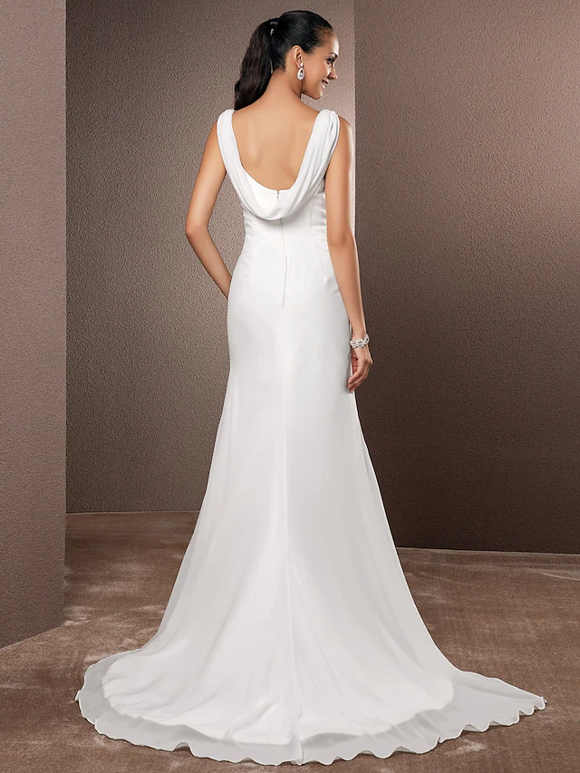 Luolandi Wedding Dresses V Neck Court Train Chiffon Over Satin Regular Straps Vintage Backless Elegant