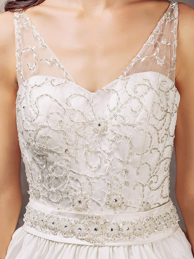 Luolandi Princess A-Line Wedding Dresses V Neck Lace Taffeta Sleeveless Long