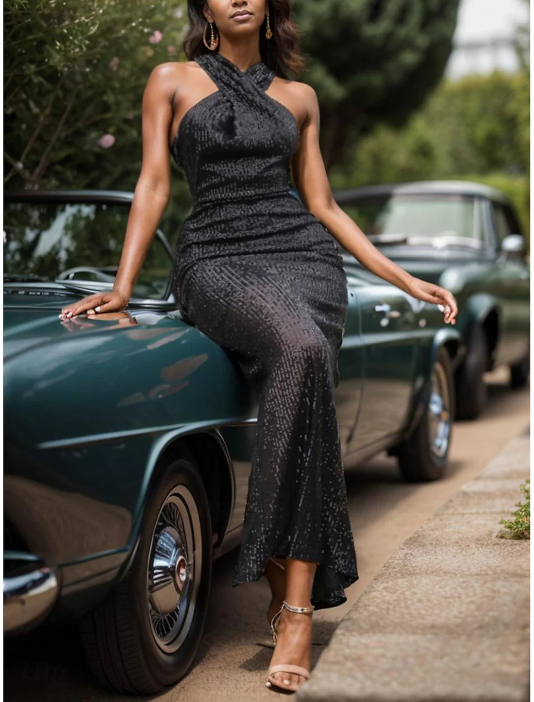 Luolandi Black Sequins Halter Neck Sleeveless Party Dress Long Dress Sparkly Evening Dress