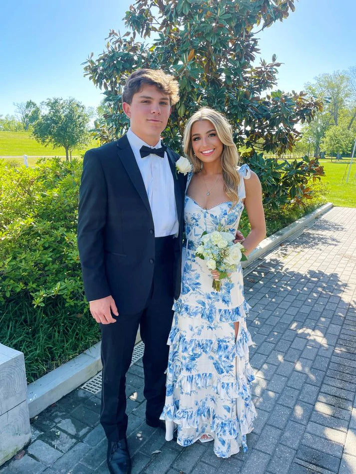 Luolandi Sweet Printed A-Line Ruffles Elegant Party Dress with Slit Elegant Evening Dress Formal Dress