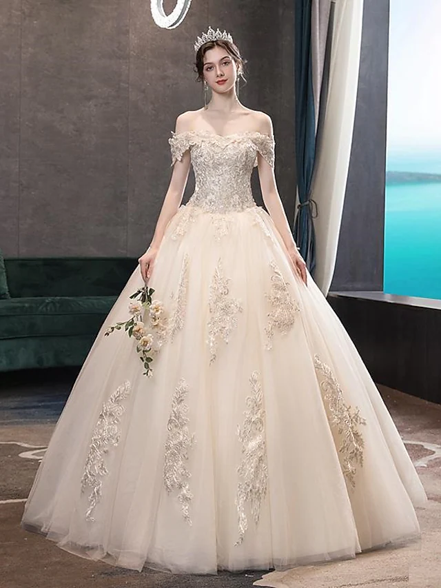 Luolandi Princess Ball Gown Wedding Dresses Off Shoulder Floor Length Lace Tulle Sequined Short Sleeve Formal Romantic Luxurious Sparkle & Shine with Pleats