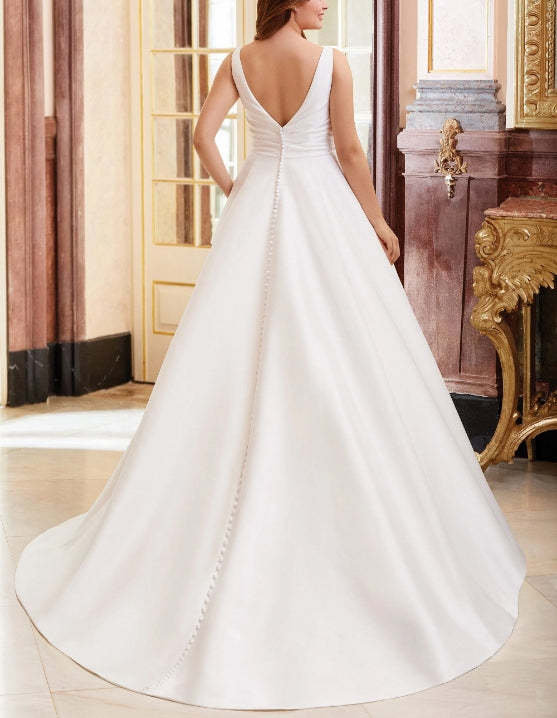Luolandi Satin V-Neck Ball-Gown Wedding Dresses Sleeveless Floor Length Simple Elegant