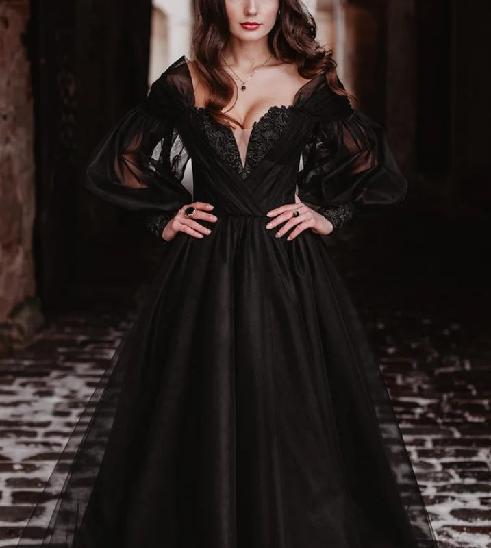 Luolandi Black gothic tulle embroidery lace corset wedding gown convertible dress with long sleeves alternative wedding gown Elegant