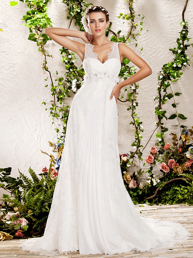 Luolandi Wedding Dresses V Neck Chapel Train Lace Sleeveless Long Pure Color