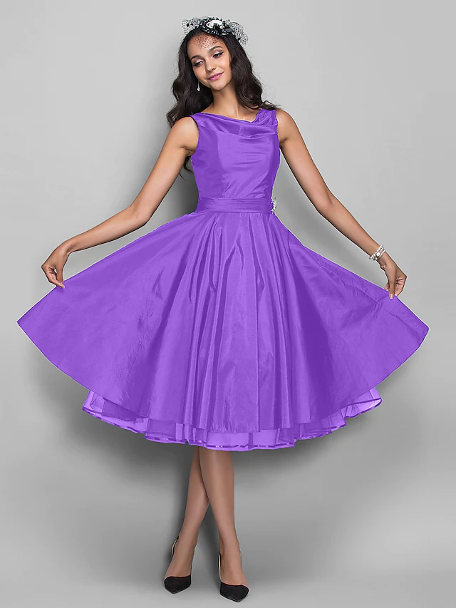 Luolandi Ball Gown Cocktail Party Prom Dress V Neck Sleeveless Knee Length Taffeta with Pleats