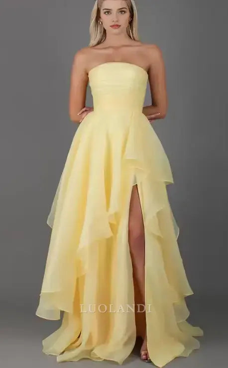 Luolandi Yellow Elegant A-Line Strapless Sleeveless Tiered Long Prom Dress With Slit Charming Evening Party Dress
