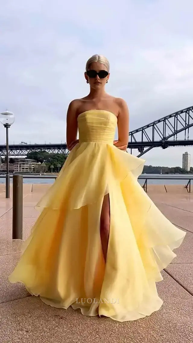 Luolandi Yellow Elegant A-Line Strapless Sleeveless Tiered Long Prom Dress With Slit Charming Evening Party Dress