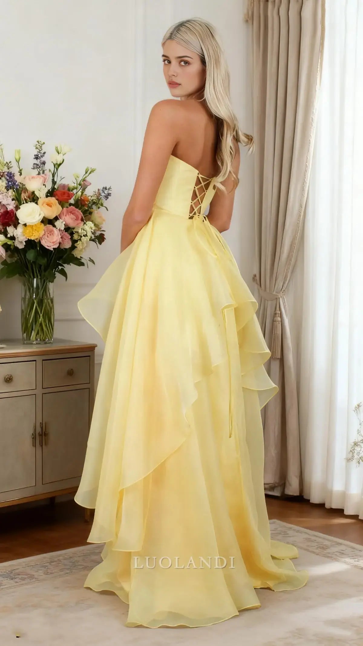 Luolandi Yellow Elegant A-Line Strapless Sleeveless Tiered Long Prom Dress With Slit Charming Evening Party Dress