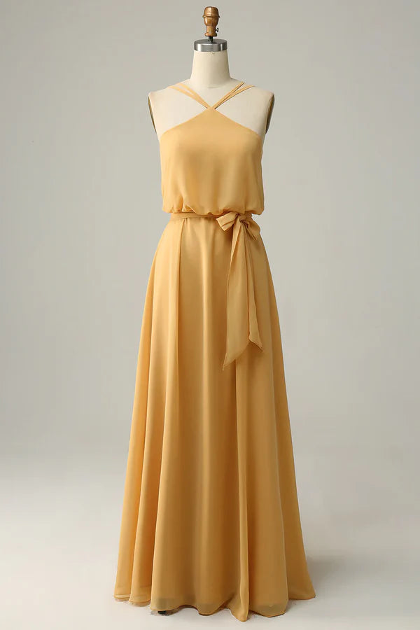 Luolandi Bow A-line neck hanging yellow long bridesmaid dress Floor Length