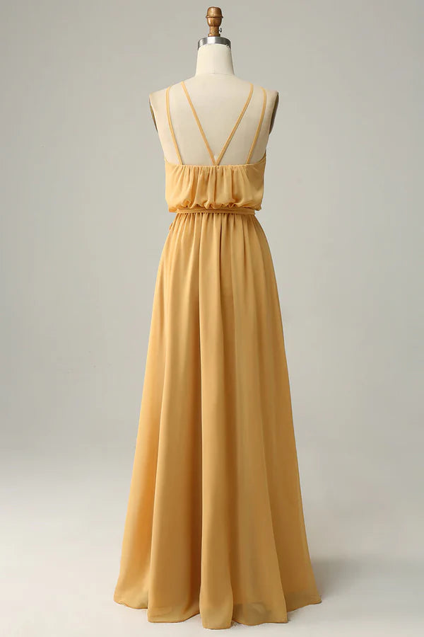 Luolandi Bow A-line neck hanging yellow long bridesmaid dress Floor Length