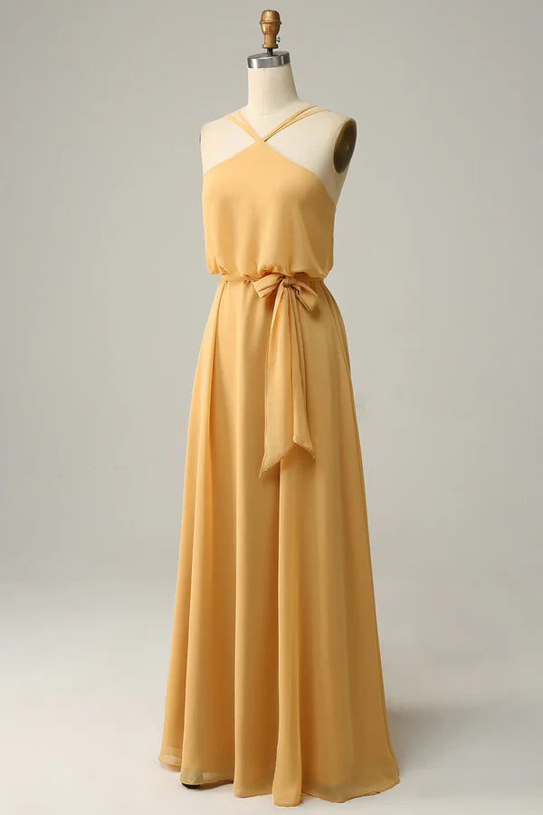 Luolandi Bow A-line neck hanging yellow long bridesmaid dress Floor Length