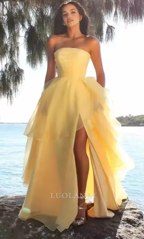 Luolandi Yellow Elegant A-Line Strapless Sleeveless Tiered Long Prom Dress With Slit Charming Evening Party Dress
