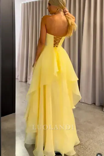 Luolandi Yellow Elegant A-Line Strapless Sleeveless Tiered Long Prom Dress With Slit Charming Evening Party Dress