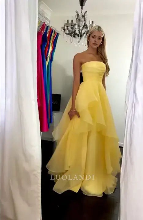 Luolandi Yellow Elegant A-Line Strapless Sleeveless Tiered Prom Dress With Slit Charming Evening Party Dress