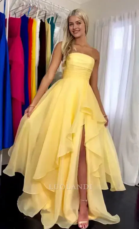 Luolandi Yellow Elegant A-Line Strapless Sleeveless Tiered Prom Dress With Slit Charming Evening Party Dress