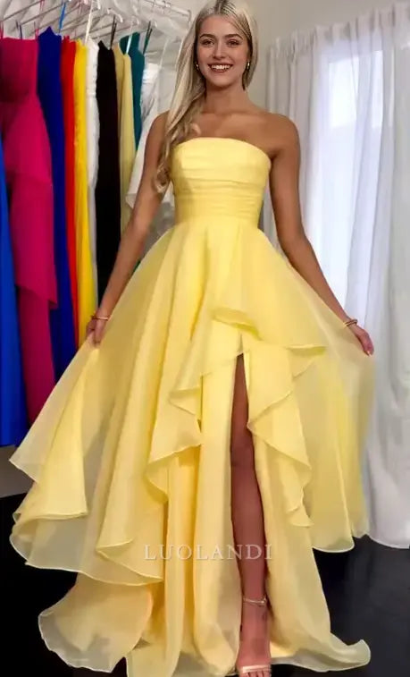 Luolandi Yellow Elegant A-Line Strapless Sleeveless Tiered Prom Dress With Slit Charming Evening Party Dress