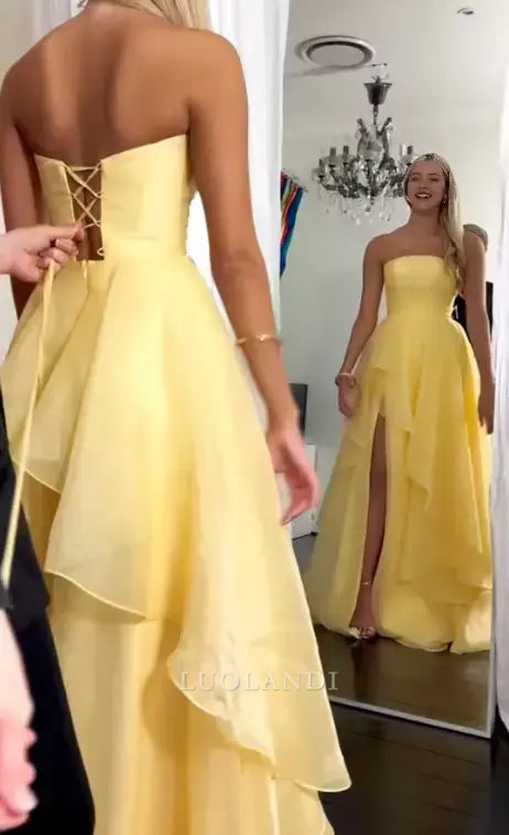 Luolandi Yellow Elegant A-Line Strapless Sleeveless Tiered Prom Dress With Slit Charming Evening Party Dress