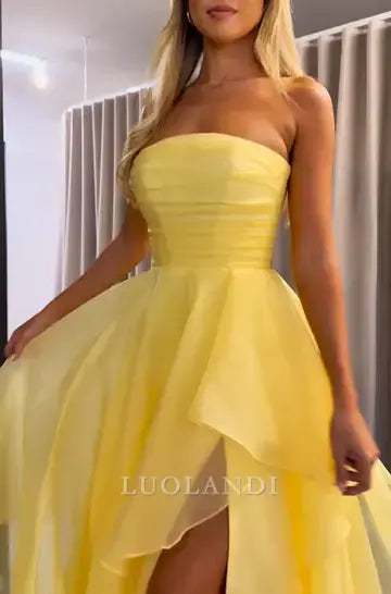 Luolandi Yellow Elegant A-Line Strapless Sleeveless Tiered Prom Dress With Slit Charming Evening Party Dress