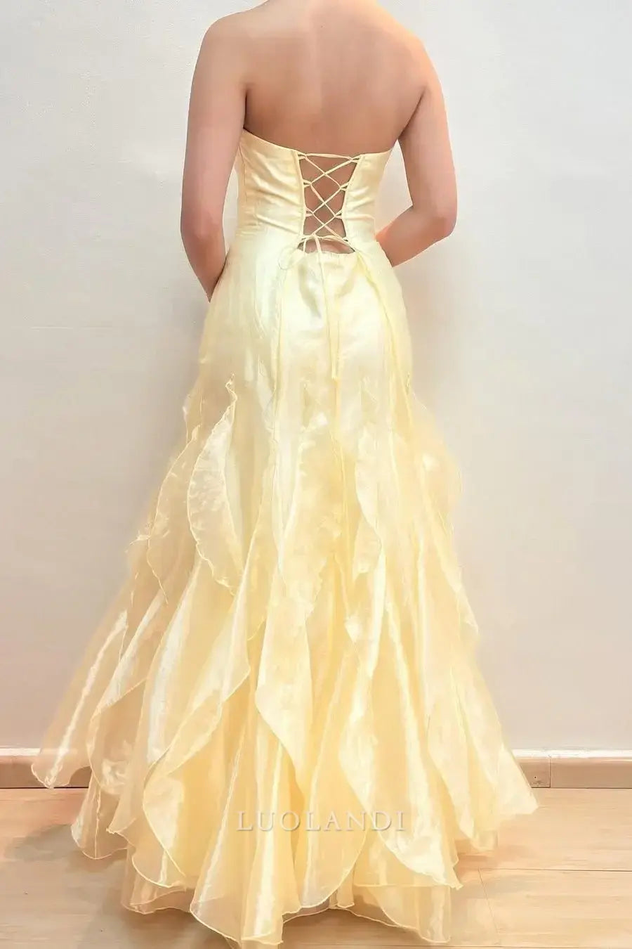 Luolandi Yellow Strapless Ruffles Sleeveless Long Formal Prom Dress Charming Party Dress Elegant Wedding Guest Dress