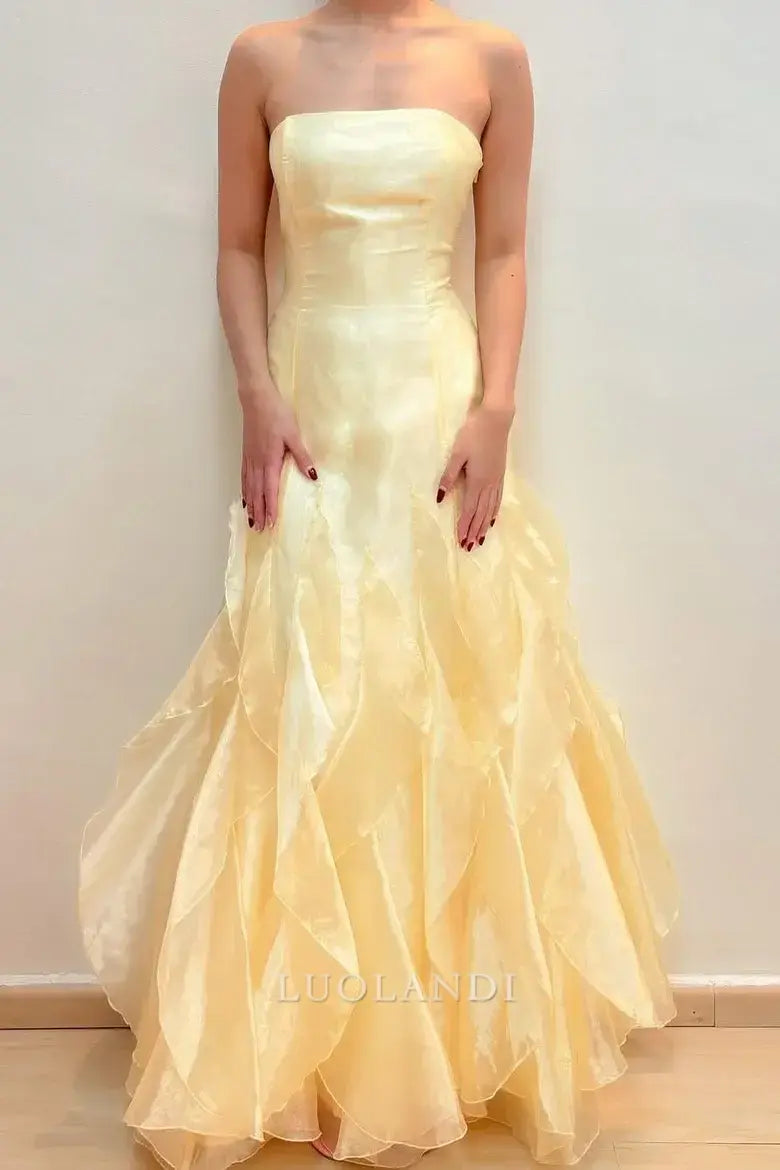 Luolandi Yellow Strapless Ruffles Sleeveless Long Formal Prom Dress Charming Party Dress Elegant Wedding Guest Dress