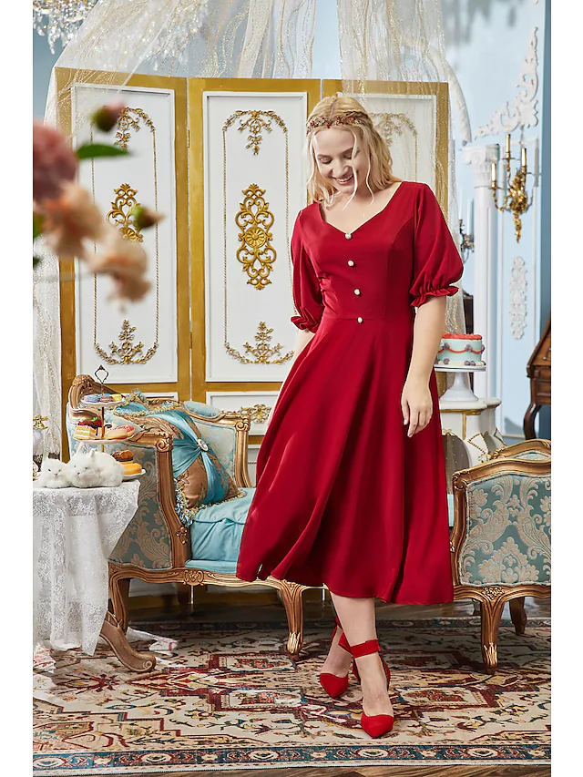 Luolandi A-Line Plus Size Elegant Engagement Prom Dress V Neck Half Sleeve Tea Length Fabric with Buttons