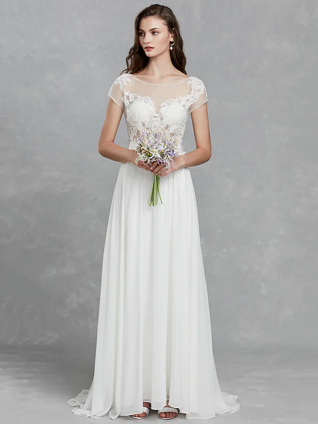 Luolandi Long Wedding Dresses Bateau Neck Satin Long Sleeve Mordern Backless with Buttons