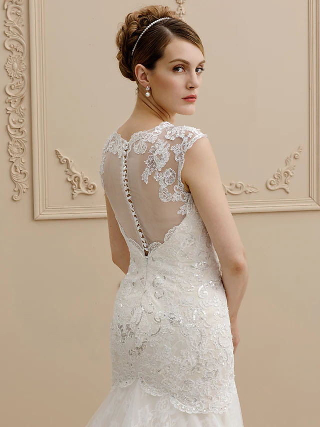 Luolandi Wedding Dresses Square Neck Court Train Lace Over Tulle Regular Straps Wedding Dress in Color Floral Lace See-Through with Buttons Sequin