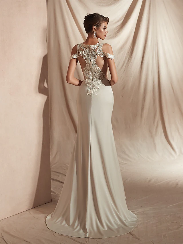 Luolandi Mermaid Trumpet Wedding Dresses V Neck Asymmetrical Matte Satin Short Sleeve Casual Sexy Illusion Detail Modern