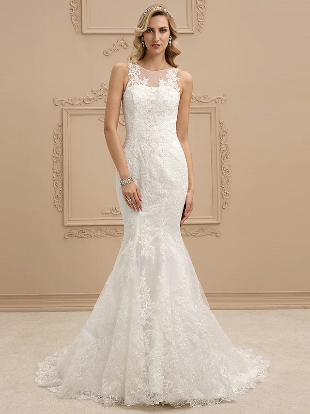 Luolandi Wedding Dresses Bateau Neck All Over Lace Regular Straps Sexy Illusion Detail Backless with Beading