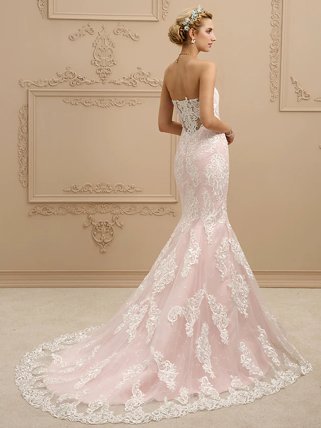 Luolandi Wedding Dresses Sweetheart Neckline Court Train Lace Strapless Sexy Illusion Detail