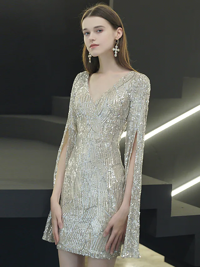 Luolandi Sparkle Elegant Homecoming Cocktail Party Dress V Neck Long Sleeve Short Mini Sequined with Split