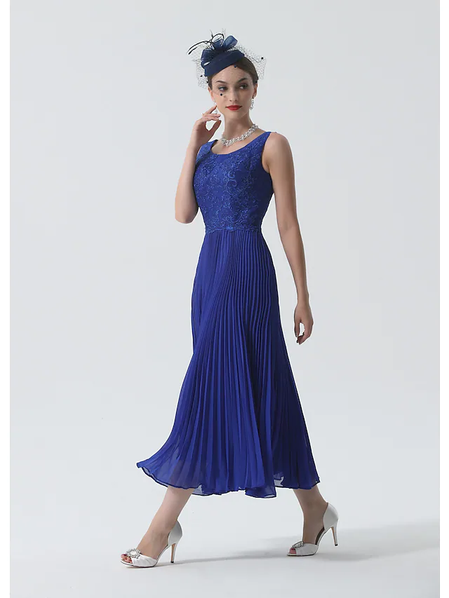 Luolandi Two Piece Mother of the Bride Dress Elegant & Luxurious Wrap Included Scoop Neck Tea Length Chiffon 3/4 Length Sleeve with Lace