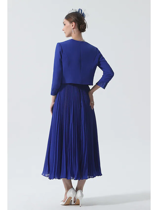 Luolandi Two Piece Mother of the Bride Dress Elegant & Luxurious Wrap Included Scoop Neck Tea Length Chiffon 3/4 Length Sleeve with Lace