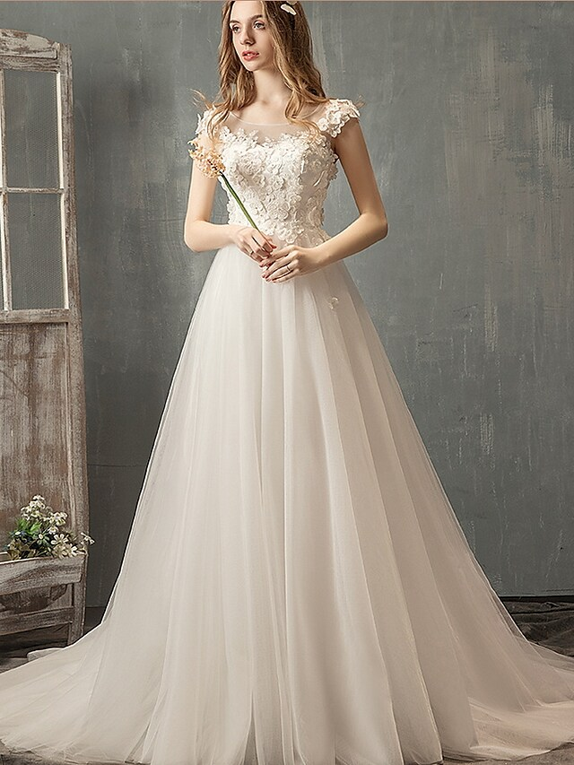 Luolandi Princess A-Line Wedding Dresses Jewel Neck Lace Tulle Cap Sleeve Country Romantic with Pleats