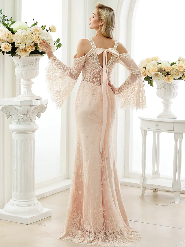 Luolandi Wedding Dresses Plunging Neck Sheer Lace Long Sleeve Wedding Dress in Color Open Back Floral Lace with Bow(s)