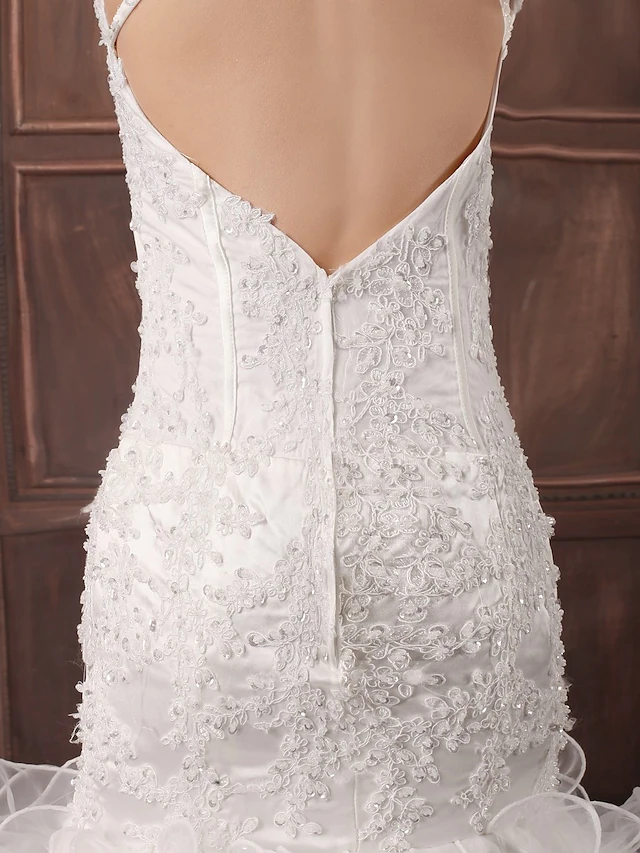 Luolandi Wedding Dresses Sweetheart Neckline Court Train Lace Organza Satin Spaghetti Strap Sexy Illusion Detail Backless with Beading Appliques