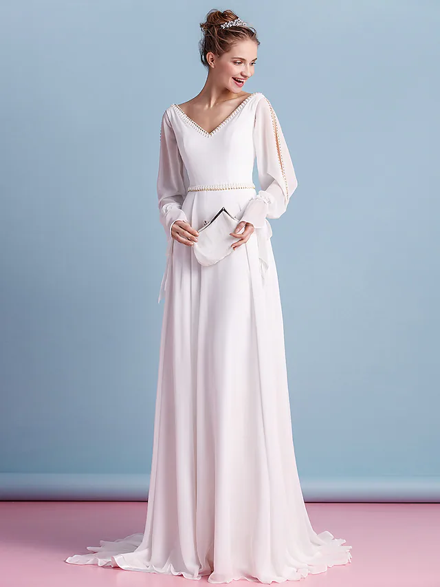 Luolandi Wedding Dresses V Neck Court Train Chiffon Long Sleeve with Beading Pure Color