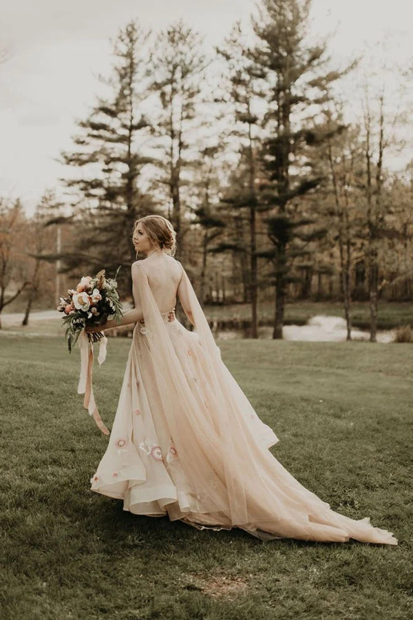 Luolandi A-line 3D Flower Colorful V Neck Tulle Forest Wedding Dresses Beautiful