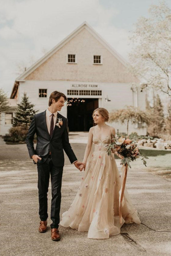 Luolandi A-line 3D Flower Colorful V Neck Tulle Forest Wedding Dresses Beautiful