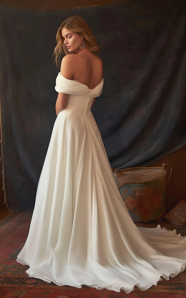 Luolandi A-Line Chiffon Sleeveless Off-the-Shoulder Wedding Dress with Ruching Floor Length Sexy