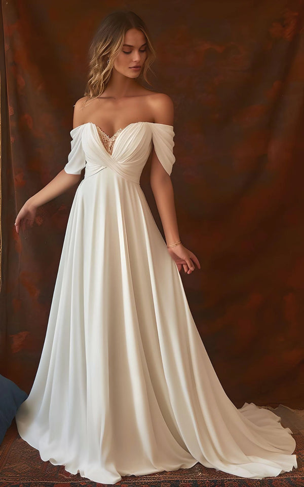 Luolandi A-Line Chiffon Sleeveless Off-the-Shoulder Wedding Dress with Ruching Floor Length Sexy