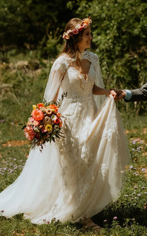 Luolandi A-Line V-Neck Lace Modern Wedding Dress Short Sleeves With Appliques Beautiful